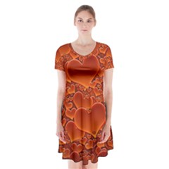 Heart Orange Texture Many Short Sleeve V-neck Flare Dress by Vaneshart