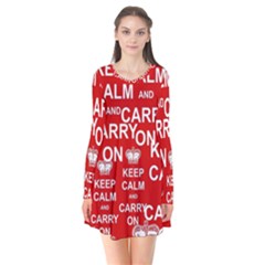 Keep Calm And Carry On Long Sleeve V-neck Flare Dress by Vaneshart