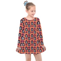 Girl Flower Pattern Apricot Kids  Long Sleeve Dress by snowwhitegirl