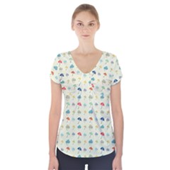 Clouds And Umbrellas Seasons Pattern Short Sleeve Front Detail Top by Wegoenart