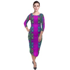 Flowers In A Rainbow Liana Forest Festive Quarter Sleeve Midi Velour Bodycon Dress by pepitasart