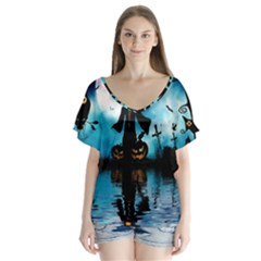 Funny Halloween Design With Skeleton, Pumpkin And Owl V-neck Flutter Sleeve Top by FantasyWorld7