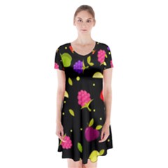 Vector Seamless Summer Fruits Pattern Colorful Cartoon Background Short Sleeve V-neck Flare Dress by Vaneshart