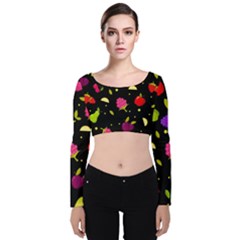 Vector Seamless Summer Fruits Pattern Colorful Cartoon Background Velvet Long Sleeve Crop Top by Vaneshart