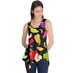 Vector Seamless Summer Fruits Pattern Black Background Sleeveless Tunic by Vaneshart