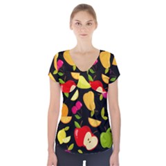 Vector Seamless Summer Fruits Pattern Black Background Short Sleeve Front Detail Top by Vaneshart