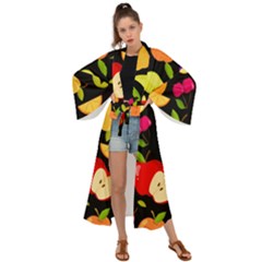 Vector Seamless Summer Fruits Pattern Black Background Maxi Kimono by Vaneshart