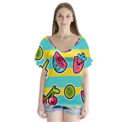 Summer Fruits Patterns V-neck Flutter Sleeve Top by Vaneshart