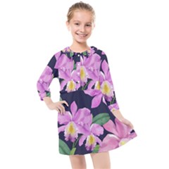 Vector Hand Drawn Orchid Flower Pattern Kids  Quarter Sleeve Shirt Dress by Sobalvarro