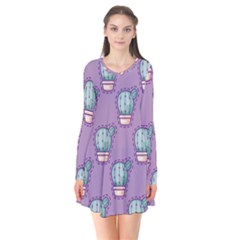 Seamless Pattern Patches Cactus Pots Plants Long Sleeve V-neck Flare Dress by Vaneshart