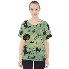 Funny Halloween Pattern With Witch, Cat And Pumpkin V-neck Dolman Drape Top by FantasyWorld7