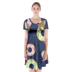 Cute Sloth With Sweet Doughnuts Short Sleeve V-neck Flare Dress by Sobalvarro