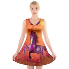 Wonderful Fantasy Horse In A Autumn Landscape V-neck Sleeveless Dress by FantasyWorld7