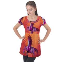 Wonderful Fantasy Horse In A Autumn Landscape Puff Sleeve Tunic Top by FantasyWorld7