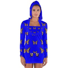 Butterfly Pattern Blue Insects Long Sleeve Hooded T-shirt by Vaneshart