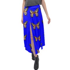 Butterfly Pattern Blue Insects Velour Split Maxi Skirt by Vaneshart