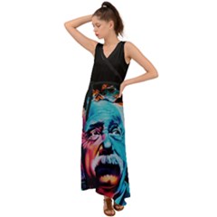 Albert Einstein Retro Wall Graffiti Blue Pink Orange Modern Urban Art Grunge V-neck Chiffon Maxi Dress by snek