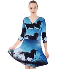 Wonderful Unicorn Silhouette In The Night Quarter Sleeve Front Wrap Dress by FantasyWorld7