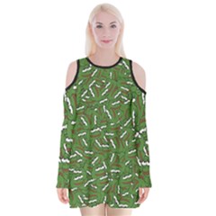 Pepe The Frog Face Pattern Green Kekistan Meme Velvet Long Sleeve Shoulder Cutout Dress by snek