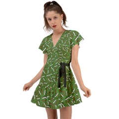 Pepe The Frog Face Pattern Green Kekistan Meme Flutter Sleeve Wrap Dress by snek