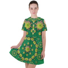 Fauna Bloom Mandalas On Bohemian Green Leaves Short Sleeve Shoulder Cut Out Dress  by pepitasart