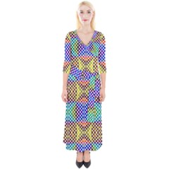 Colorful Circle Abstract White Brown Blue Yellow Quarter Sleeve Wrap Maxi Dress by BrightVibesDesign