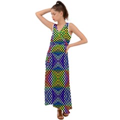 Bright Circle Abstract Black Blue Yellow Red V-neck Chiffon Maxi Dress by BrightVibesDesign