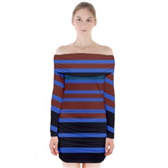 Black Stripes Blue Green Orange Long Sleeve Off Shoulder Dress by BrightVibesDesign