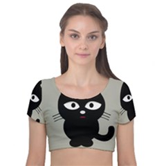 Cat Pet Cute Black Animal Velvet Short Sleeve Crop Top  by HermanTelo