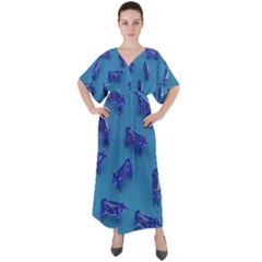 Cow Illustration Blue V-neck Boho Style Maxi Dress by HermanTelo