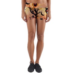 Funny Halloween Design, Pumpkin, Cat, Owl And Crow Yoga Shorts by FantasyWorld7