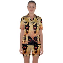 Funny Halloween Design, Pumpkin, Cat, Owl And Crow Satin Short Sleeve Pyjamas Set by FantasyWorld7