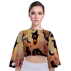 Funny Halloween Design, Pumpkin, Cat, Owl And Crow Tie Back Butterfly Sleeve Chiffon Top by FantasyWorld7