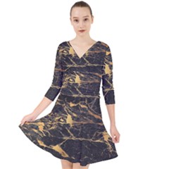 Black Marble Texture With Gold Veins Floor Background Print Luxuous Real Marble Quarter Sleeve Front Wrap Dress by genx