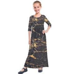 Black Marble Texture With Gold Veins Floor Background Print Luxuous Real Marble Kids  Quarter Sleeve Maxi Dress by genx