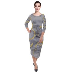 Marble Neon Retro Light Gray With Gold Yellow Veins Texture Floor Background Retro Neon 80s Style Neon Colors Print Luxuous Real Marble Quarter Sleeve Midi Velour Bodycon Dress by genx