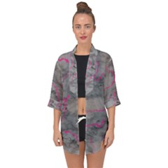Marble Light Gray With Bright Magenta Pink Veins Texture Floor Background Retro Neon 80s Style Neon Colors Print Luxuous Real Marble Open Front Chiffon Kimono by genx
