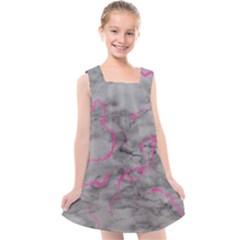 Marble Light Gray With Bright Magenta Pink Veins Texture Floor Background Retro Neon 80s Style Neon Colors Print Luxuous Real Marble Kids  Cross Back Dress by genx