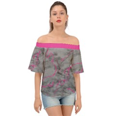 Marble Light Gray With Bright Magenta Pink Veins Texture Floor Background Retro Neon 80s Style Neon Colors Print Luxuous Real Marble Off Shoulder Short Sleeve Top by genx