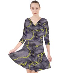 Marble Light Gray With Green Lime Veins Texture Floor Background Retro Neon 80s Style Neon Colors Print Luxuous Real Marble Quarter Sleeve Front Wrap Dress by genx