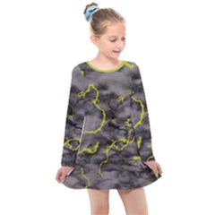 Marble Light Gray With Green Lime Veins Texture Floor Background Retro Neon 80s Style Neon Colors Print Luxuous Real Marble Kids  Long Sleeve Dress by genx