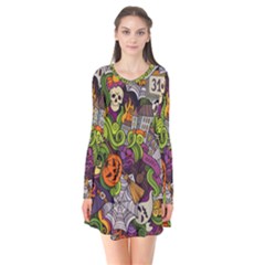 Halloween Doodle Vector Seamless Pattern Long Sleeve V-neck Flare Dress by Sobalvarro