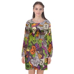 Halloween Doodle Vector Seamless Pattern Long Sleeve Chiffon Shift Dress  by Sobalvarro