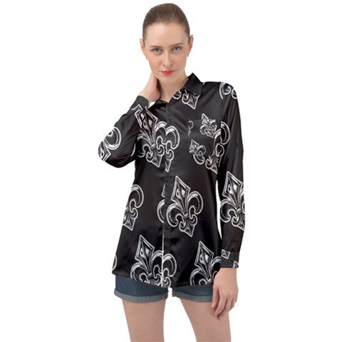 French France Fleur De Lys Metal Pattern Black And White Antique Vintage Black Rocker Long Sleeve Satin Shirt by Quebec