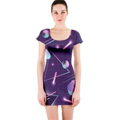 Retrowave Aesthetic Vaporwave Retro Memphis Pattern 80s Design Geometrical Shapes Futurist Pink Blue 3d Short Sleeve Bodycon Dress by genx