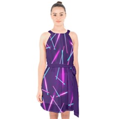 Retrowave Aesthetic Vaporwave Retro Memphis Pattern 80s Design Geometric Shapes Futurist Purple Pink Blue Neon Light Halter Collar Waist Tie Chiffon Dress by genx