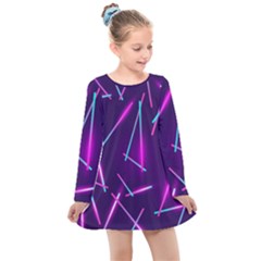 Retrowave Aesthetic Vaporwave Retro Memphis Pattern 80s Design Geometric Shapes Futurist Purple Pink Blue Neon Light Kids  Long Sleeve Dress by genx