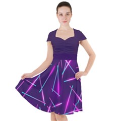 Retrowave Aesthetic Vaporwave Retro Memphis Pattern 80s Design Geometric Shapes Futurist Purple Pink Blue Neon Light Cap Sleeve Midi Dress by genx