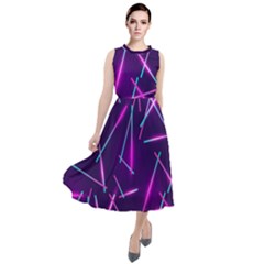 Retrowave Aesthetic Vaporwave Retro Memphis Pattern 80s Design Geometric Shapes Futurist Purple Pink Blue Neon Light Round Neck Boho Dress by genx