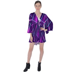 Retrowave Aesthetic Vaporwave Retro Memphis Pattern 80s Design Geometric Shapes Futurist Purple Pink Blue Neon Light V-neck Flare Sleeve Mini Dress by genx